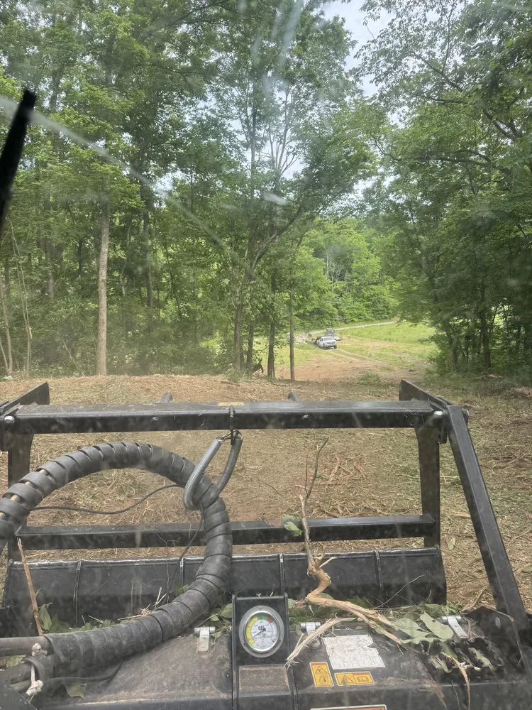 Forestry mulcher head at the edge of the woods with the opened trail behind it